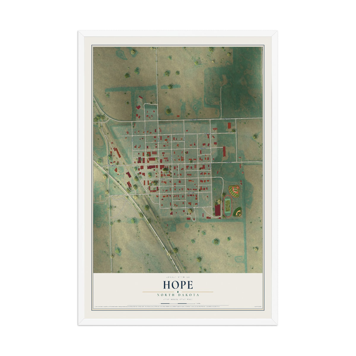 Map of Hope, North Dakota, 12 x 18 inch print in a white wood frame