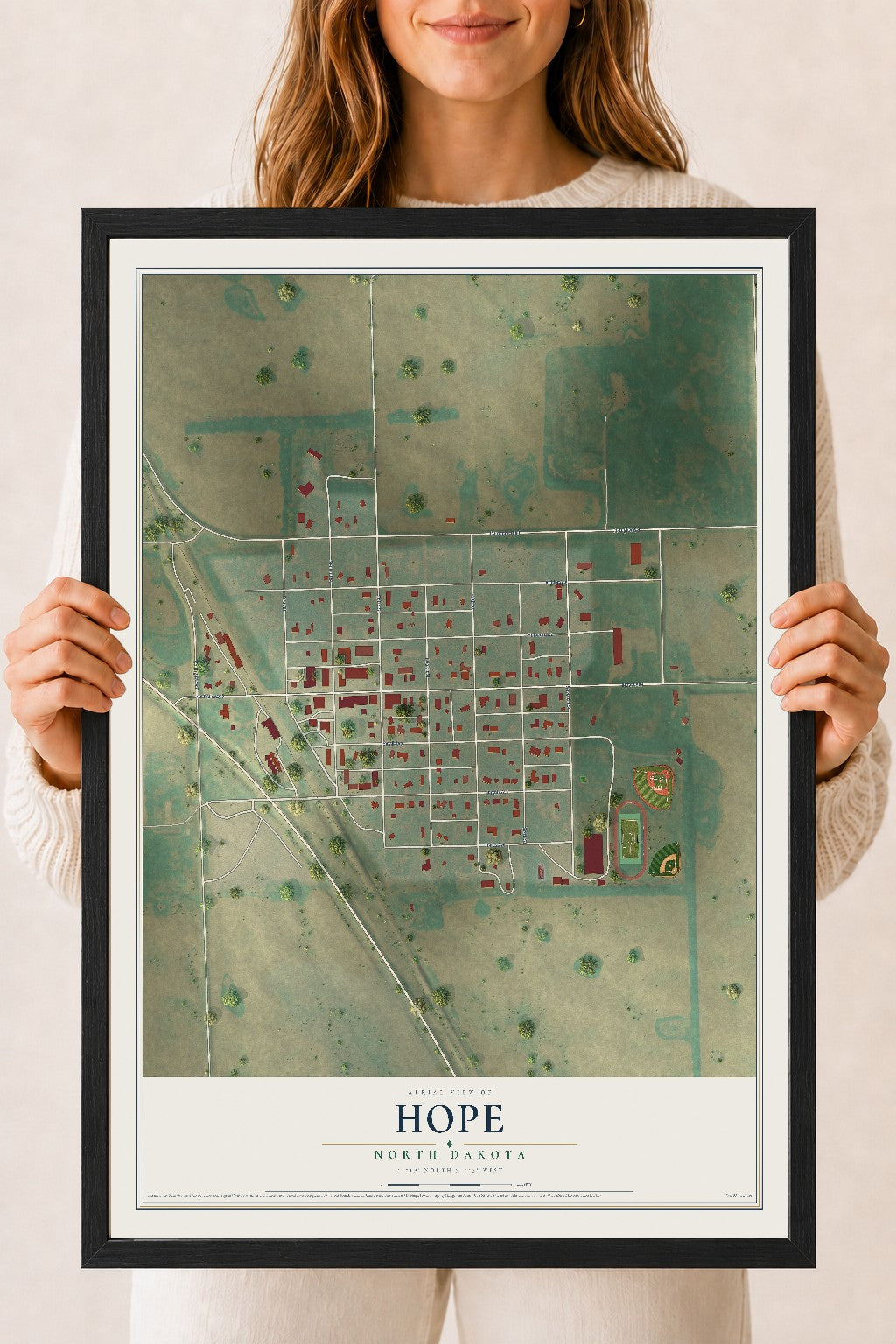 Map of Hope, North Dakota, 18 x 24 inch print in a black wood frame
