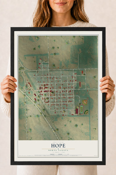 Map of Hope, North Dakota, 18 x 24 inch print in a black wood frame