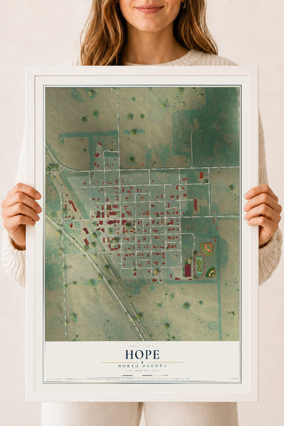 Map of Hope, North Dakota, 18 x 24 inch print in a white wood frame