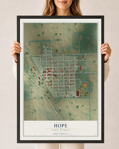 Map of Hope, North Dakota, 24 x 36 inch print in a black wood frame