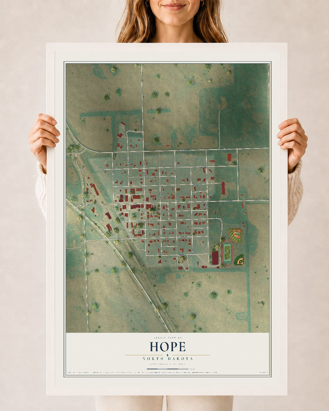 Map of Hope, North Dakota, 24 x 36 inch print in a white wood frame