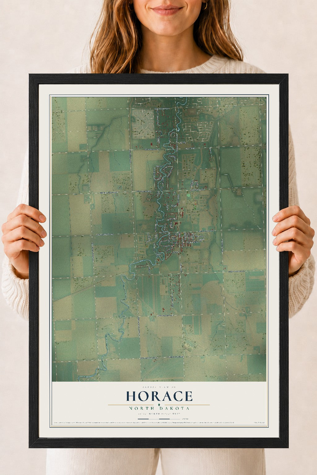 Map of Horace, North Dakota, 18 x 24 inch print in a black wood frame