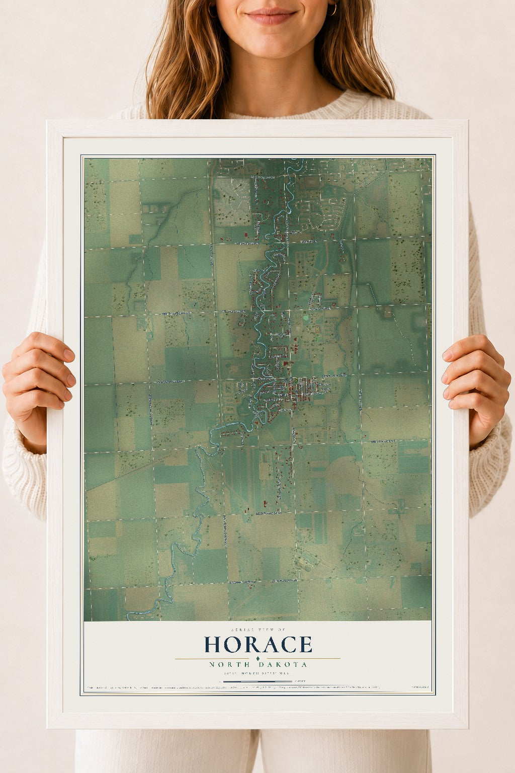 Map of Horace, North Dakota, 18 x 24 inch print in a white wood frame
