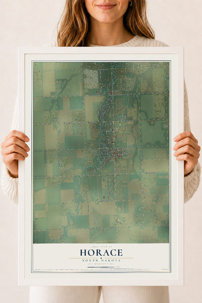 Map of Horace, North Dakota, 18 x 24 inch print in a white wood frame