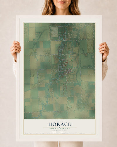 Map of Horace, North Dakota, 24 x 36 inch print in a white wood frame
