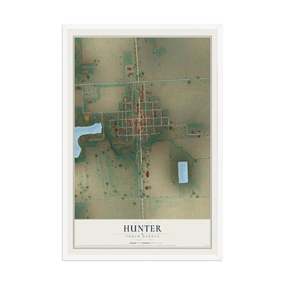 Map of Hunter, North Dakota, 12 x 18 inch print in a white wood frame