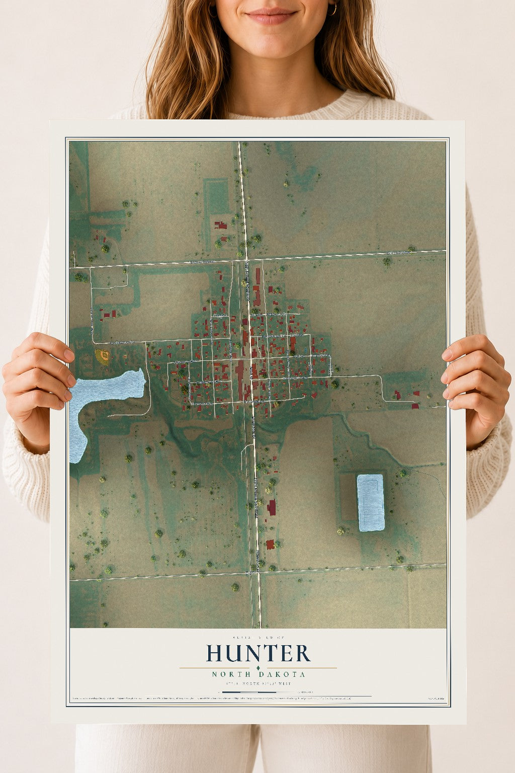 Map of Hunter, North Dakota, 18 x 24 inch unframed archival matte print
