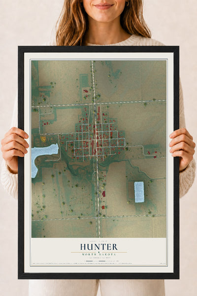 Map of Hunter, North Dakota, 18 x 24 inch print in a black wood frame
