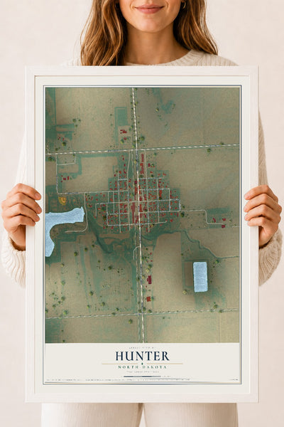 Map of Hunter, North Dakota, 18 x 24 inch print in a white wood frame