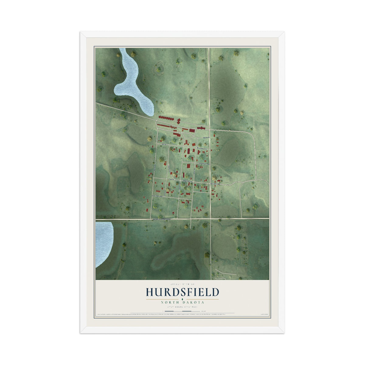 Map of Hurdsfield, North Dakota, 12 x 18 inch print in a white wood frame