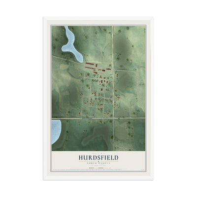 Map of Hurdsfield, North Dakota, 12 x 18 inch print in a white wood frame