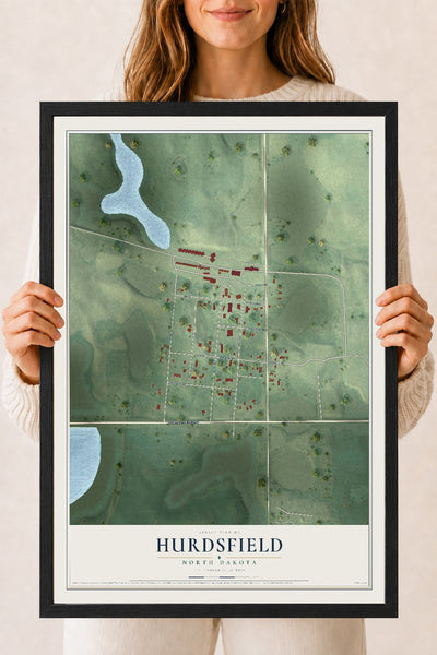Map of Hurdsfield, North Dakota, 18 x 24 inch print in a black wood frame