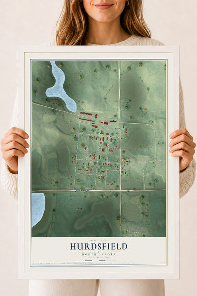 Map of Hurdsfield, North Dakota, 18 x 24 inch print in a white wood frame