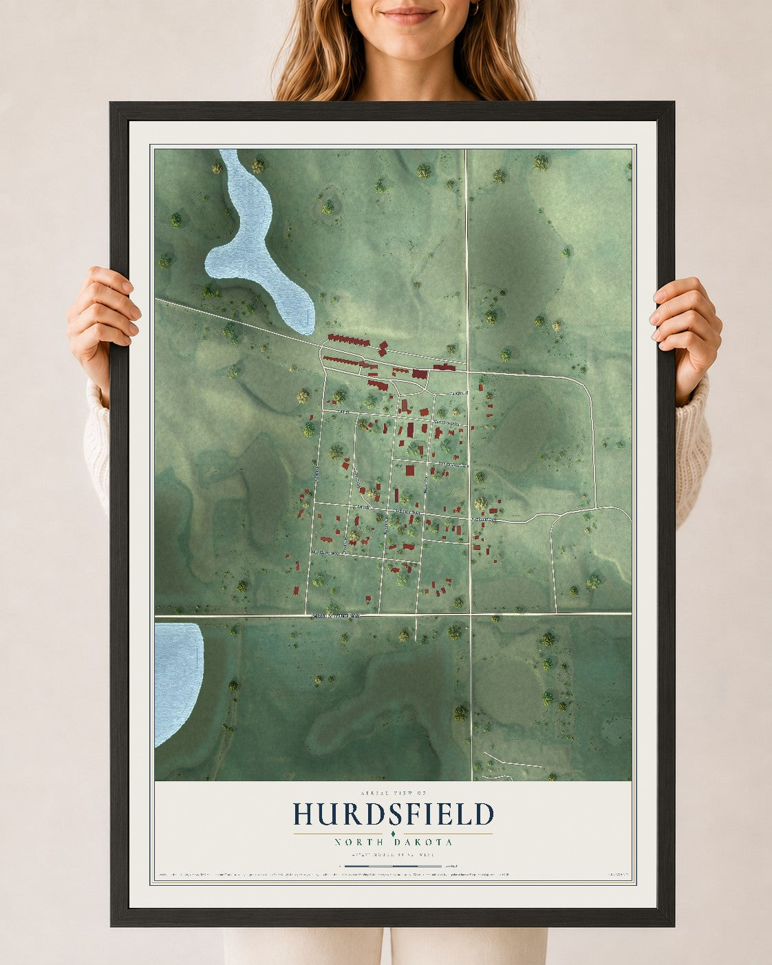 Map of Hurdsfield, North Dakota, 24 x 36 inch print in a black wood frame