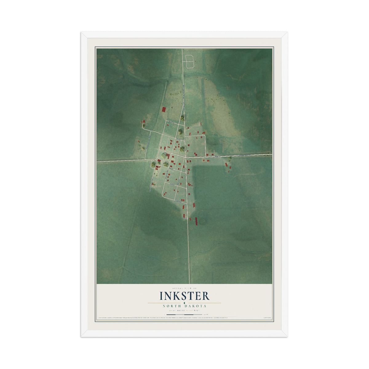 Map of Inkster, North Dakota, 12 x 18 inch print in a white wood frame