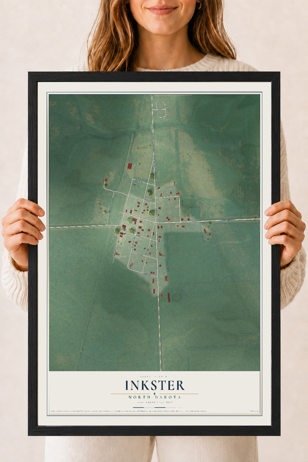 Map of Inkster, North Dakota, 18 x 24 inch print in a black wood frame
