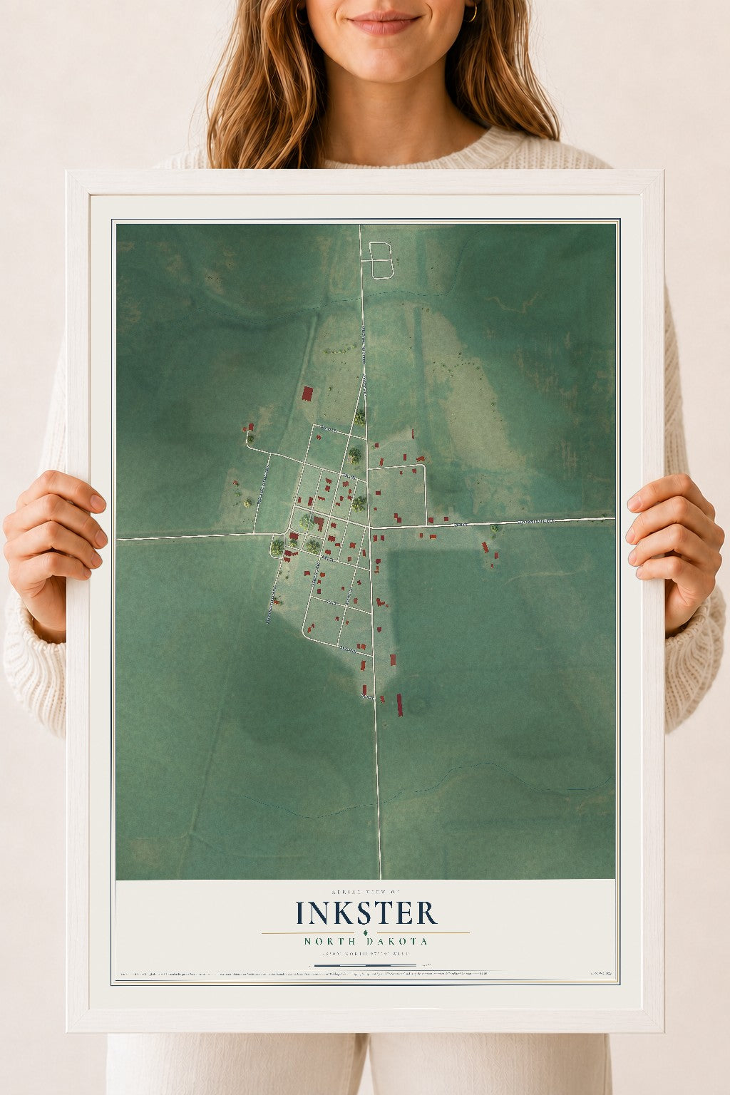 Map of Inkster, North Dakota, 18 x 24 inch print in a white wood frame