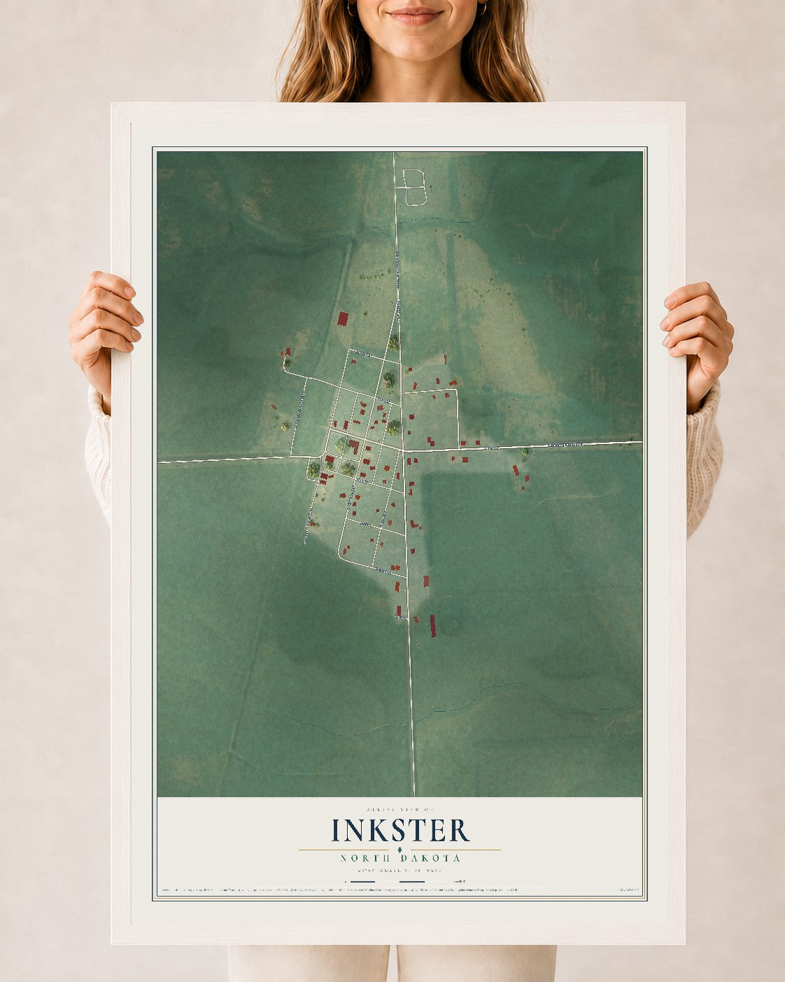 Map of Inkster, North Dakota, 24 x 36 inch print in a white wood frame