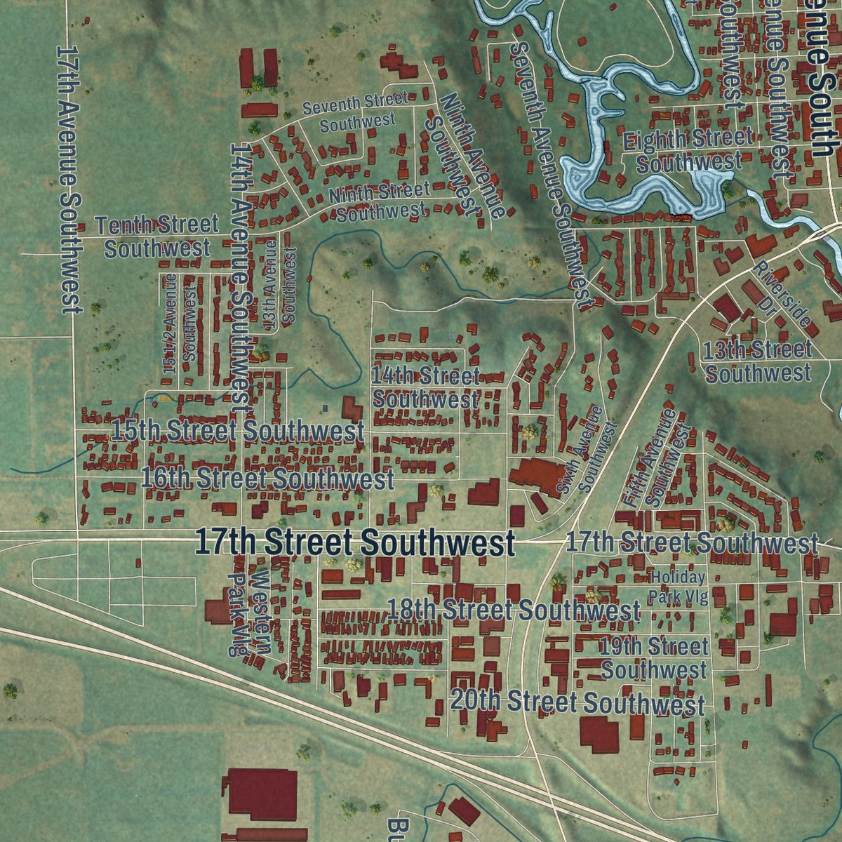 Close-up of the map of Jamestown, North Dakota print showing street and building detail