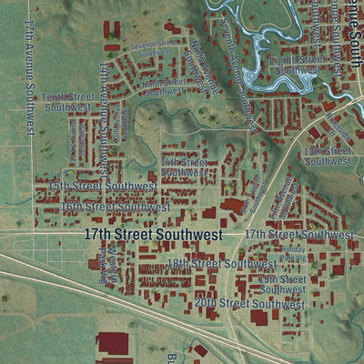 Close-up of the map of Jamestown, North Dakota print showing street and building detail