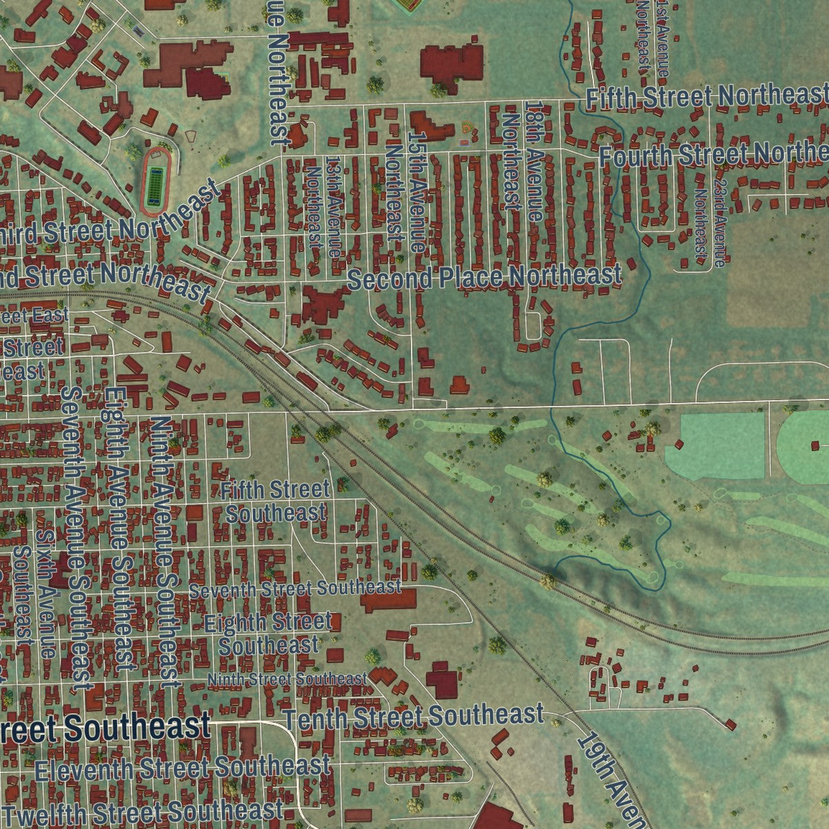 Second close-up of the map of Jamestown, North Dakota print showing more streets and buildings