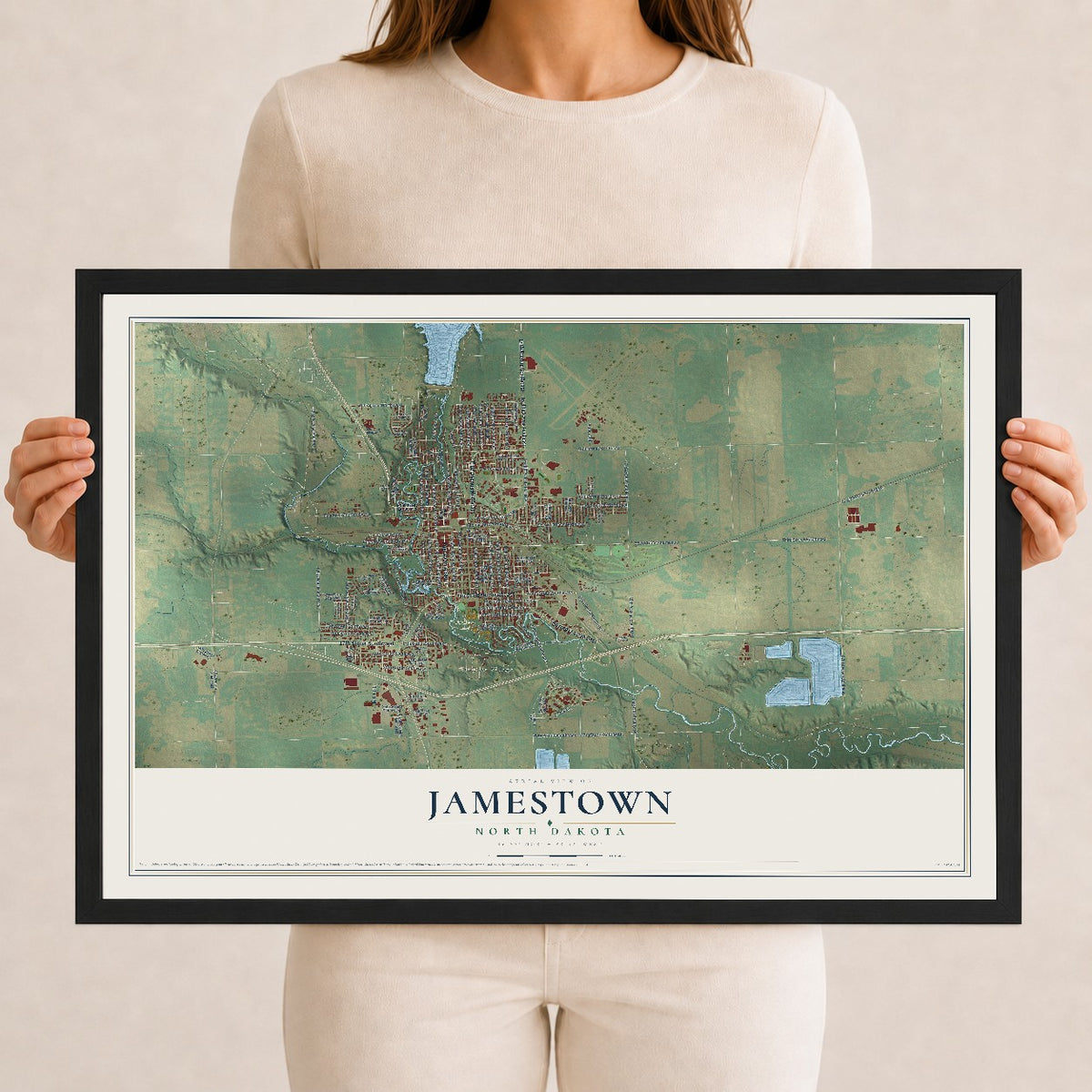 Map of Jamestown, North Dakota, 12 x 18 inch print in a black wood frame