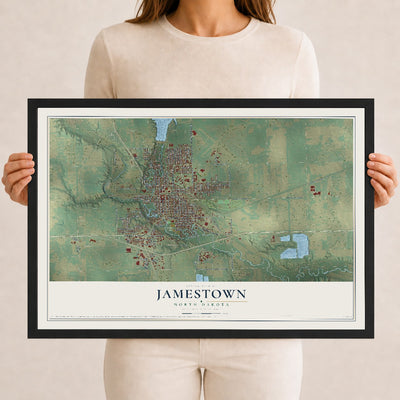 Map of Jamestown, North Dakota, 12 x 18 inch print in a black wood frame