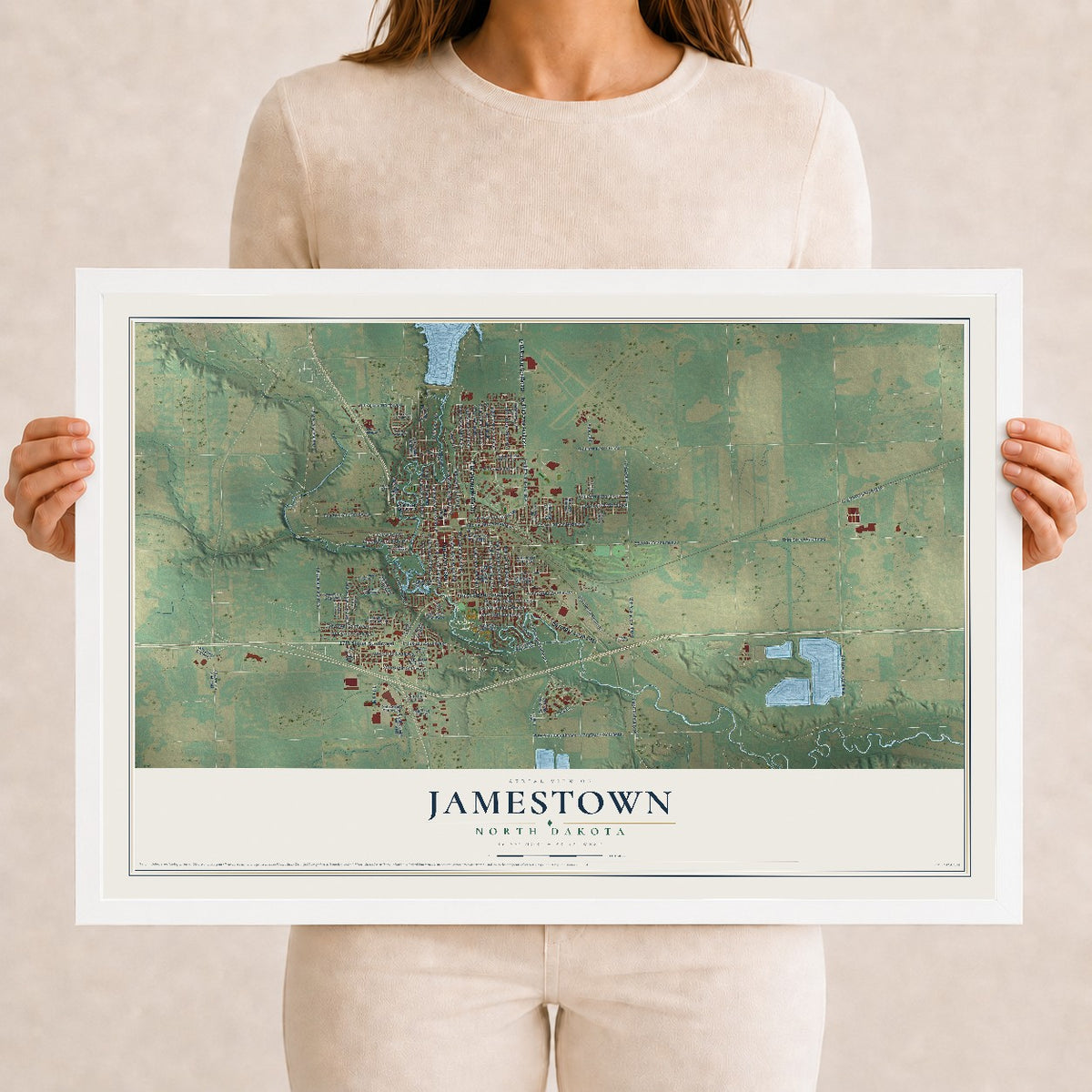Map of Jamestown, North Dakota, 12 x 18 inch print in a white wood frame