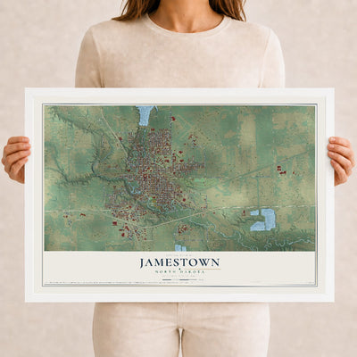 Map of Jamestown, North Dakota, 12 x 18 inch print in a white wood frame