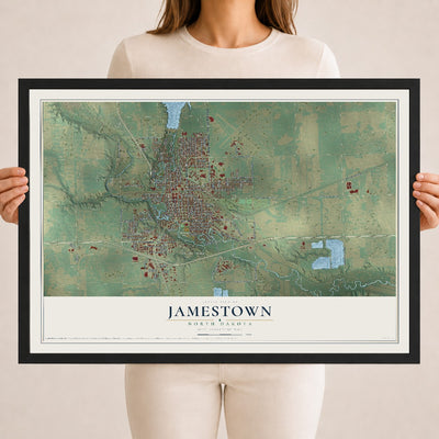 Map of Jamestown, North Dakota, 18 x 24 inch print in a black wood frame