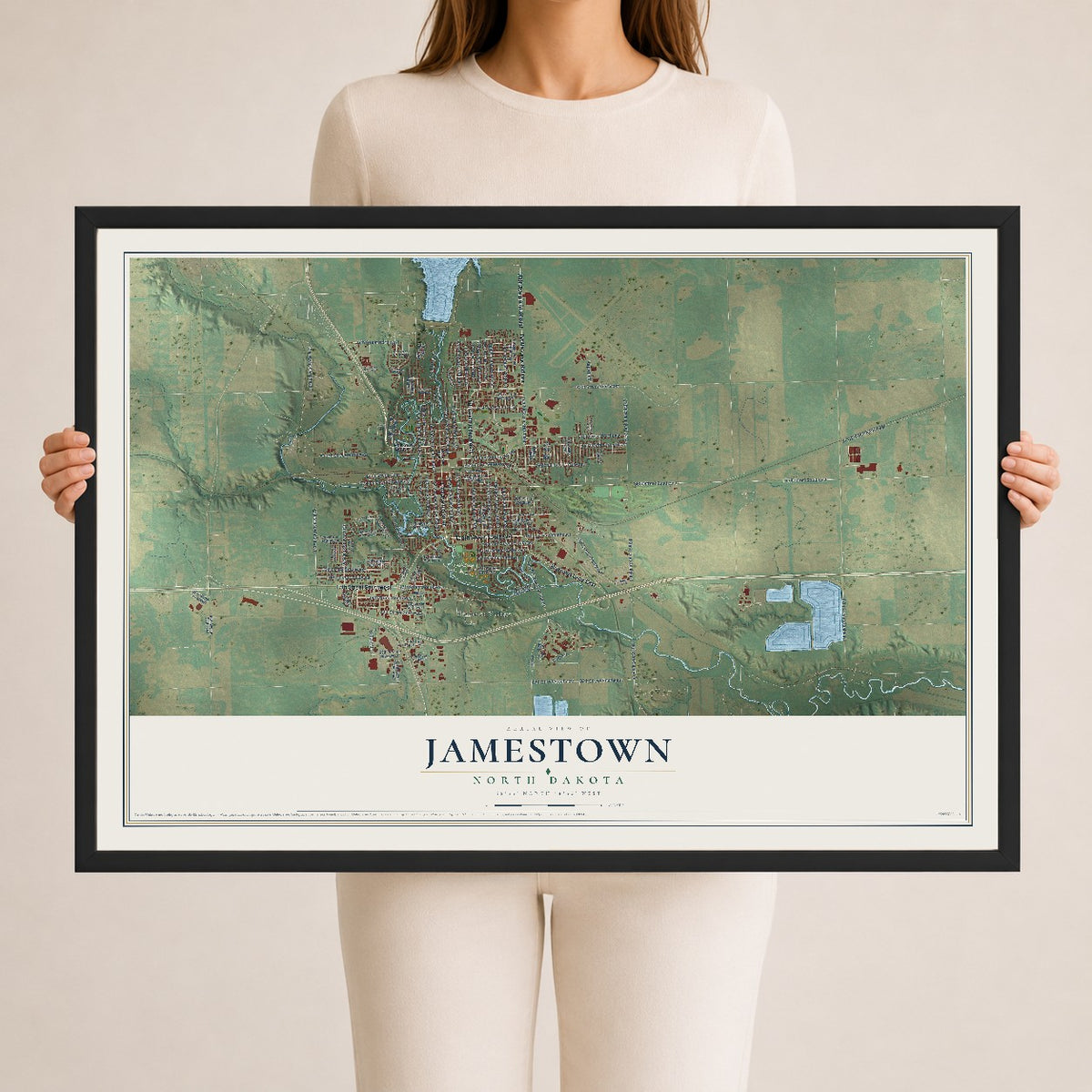 Map of Jamestown, North Dakota, 24 x 36 inch print in a black wood frame