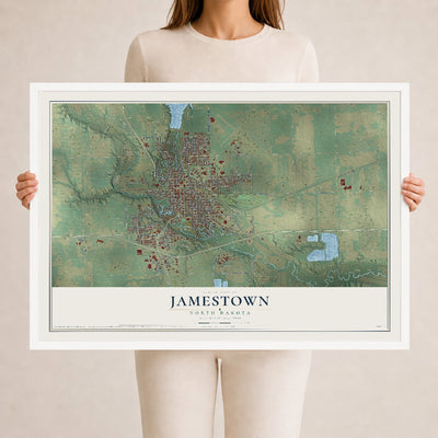Map of Jamestown, North Dakota, 24 x 36 inch print in a white wood frame