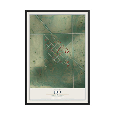 Map of Jud, North Dakota, 12 x 18 inch print in a black wood frame