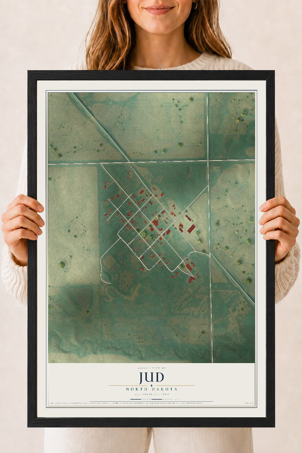Map of Jud, North Dakota, 18 x 24 inch print in a black wood frame