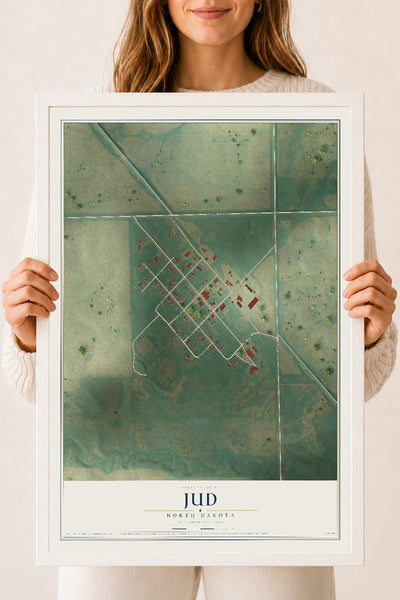 Map of Jud, North Dakota, 18 x 24 inch print in a white wood frame