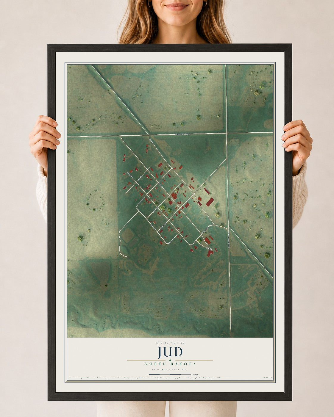 Map of Jud, North Dakota, 24 x 36 inch print in a black wood frame