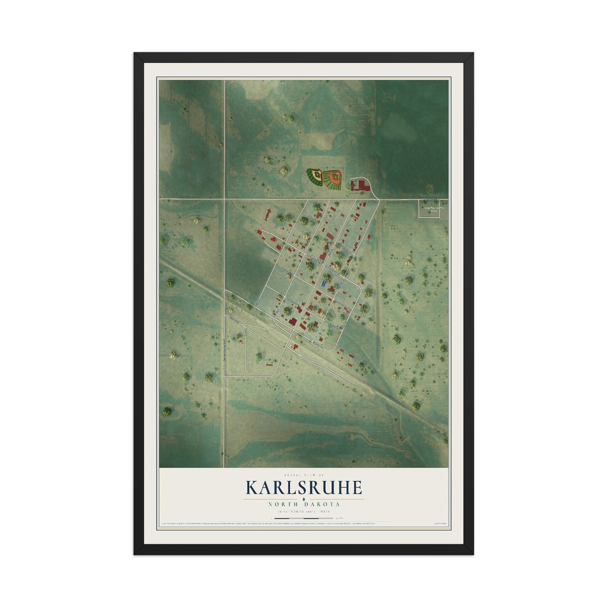 Map of Karlsruhe, North Dakota, 12 x 18 inch print in a black wood frame