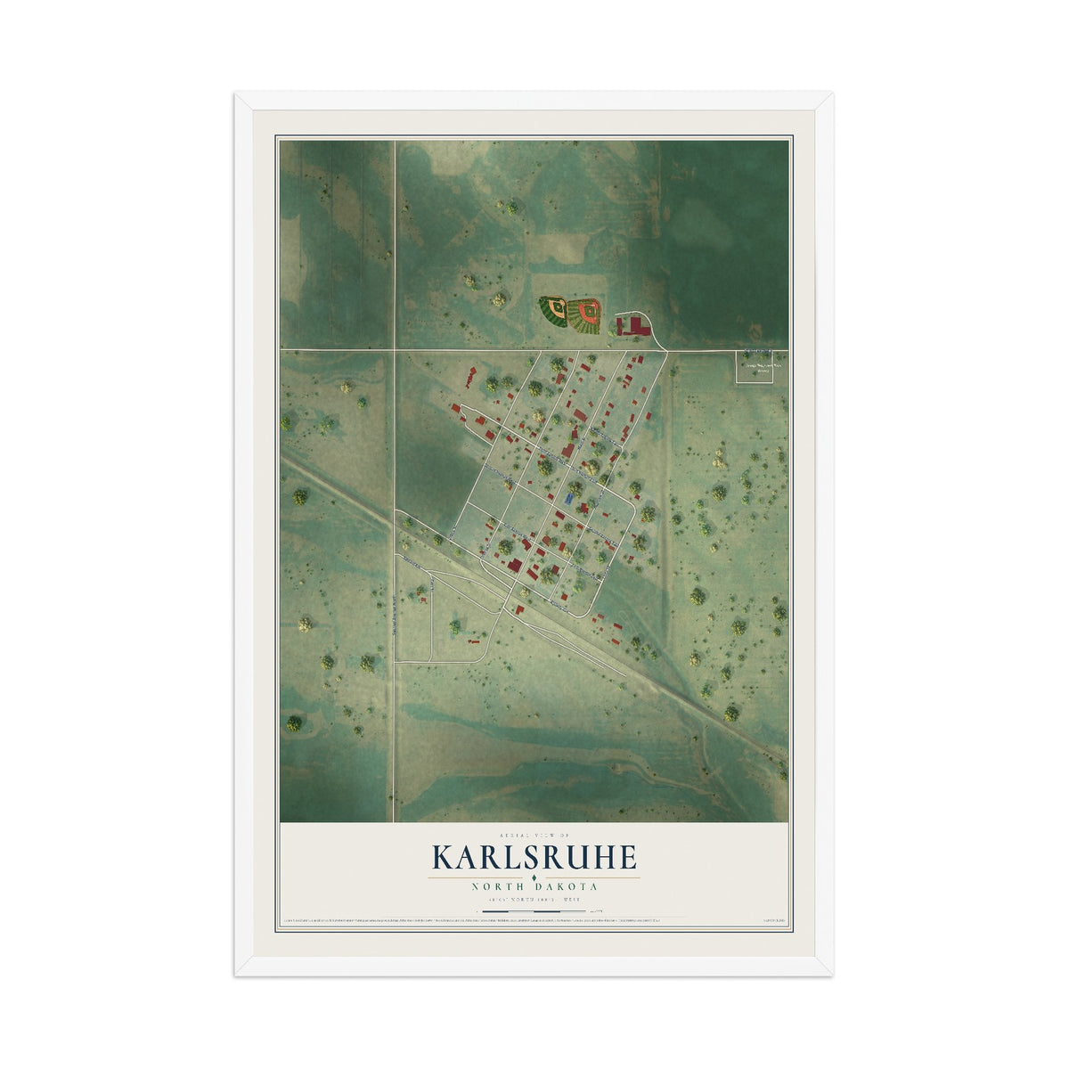 Map of Karlsruhe, North Dakota, 12 x 18 inch print in a white wood frame