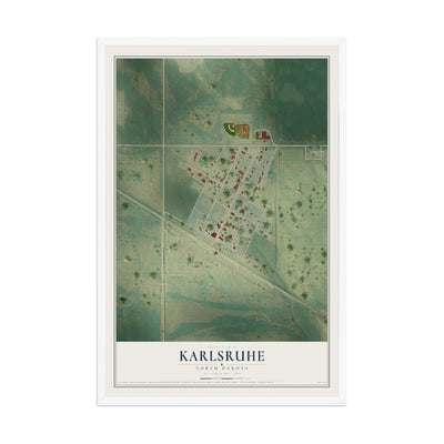 Map of Karlsruhe, North Dakota, 12 x 18 inch print in a white wood frame
