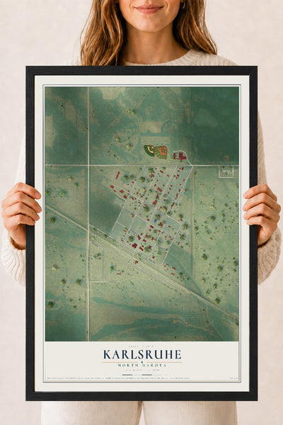 Map of Karlsruhe, North Dakota, 18 x 24 inch print in a black wood frame