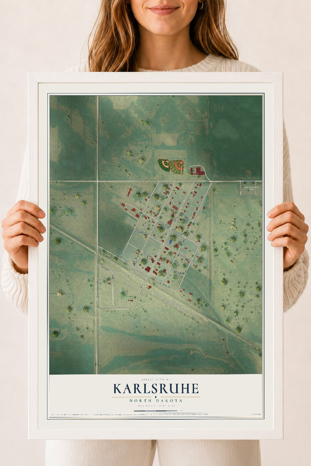 Map of Karlsruhe, North Dakota, 18 x 24 inch print in a white wood frame