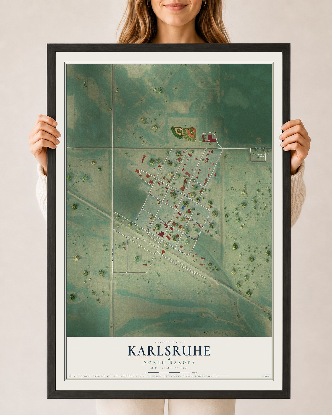 Map of Karlsruhe, North Dakota, 24 x 36 inch print in a black wood frame
