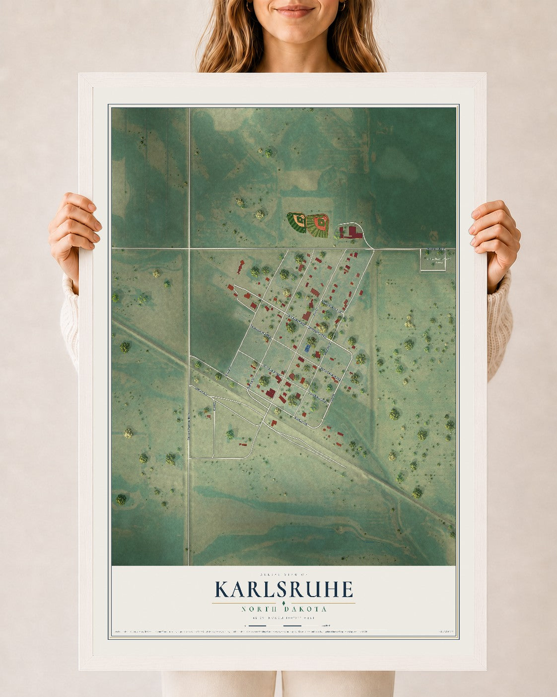 Map of Karlsruhe, North Dakota, 24 x 36 inch print in a white wood frame