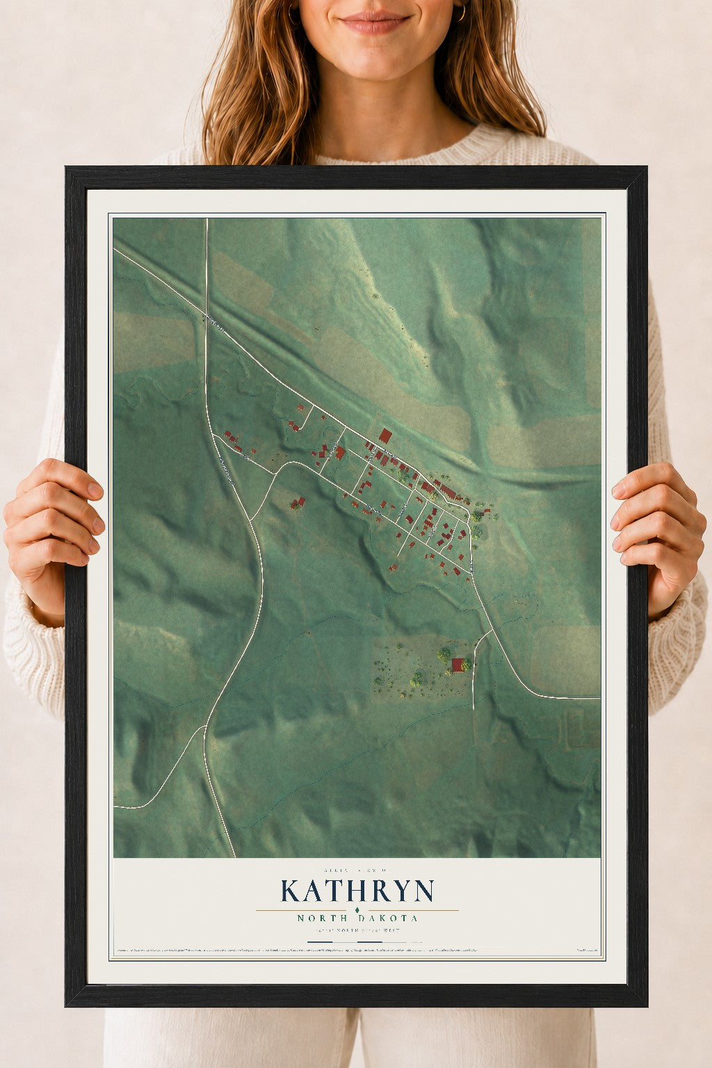 Map of Kathryn, North Dakota, 18 x 24 inch print in a black wood frame