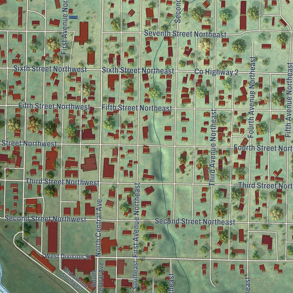 Close-up of the map of Kenmare, North Dakota print showing street and building detail