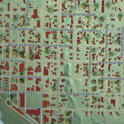 Close-up of the map of Kenmare, North Dakota print showing street and building detail