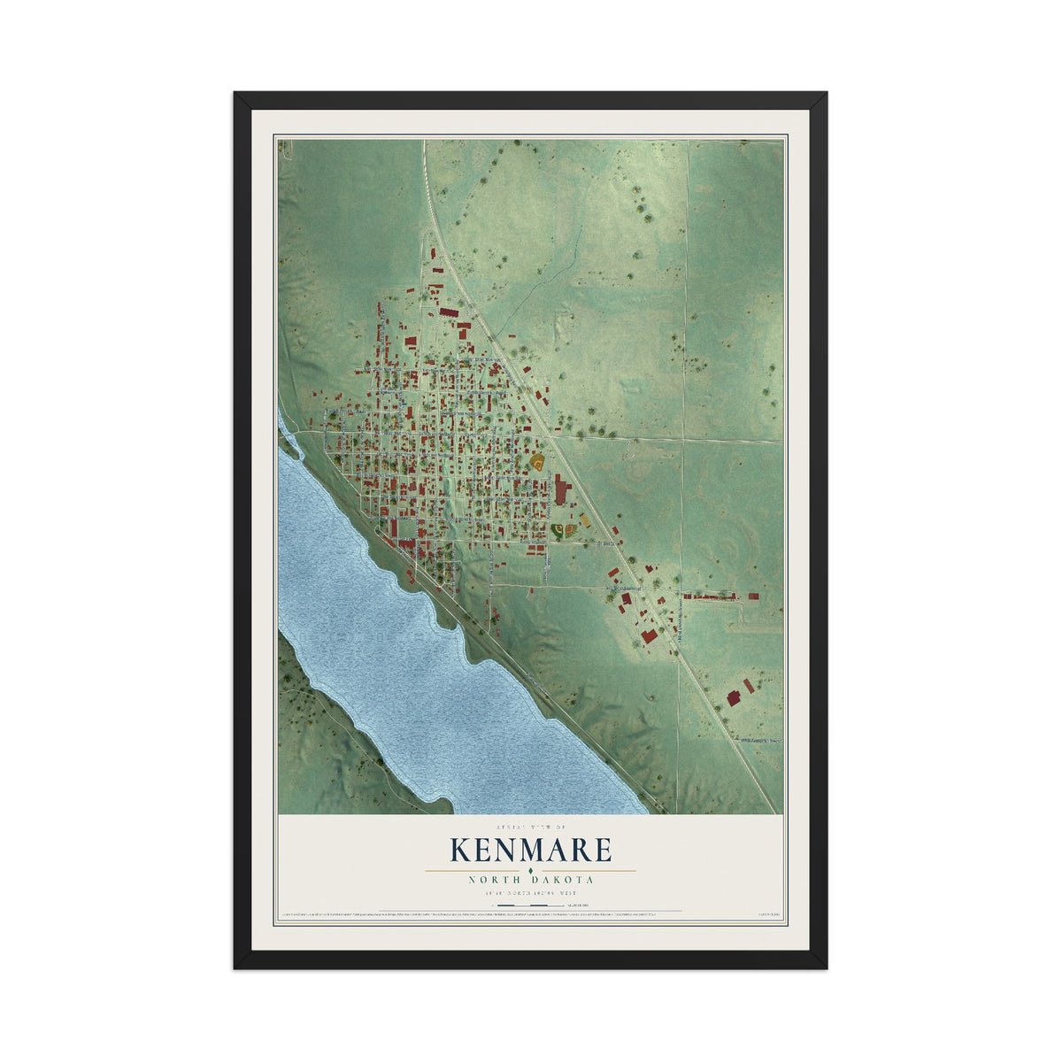 Map of Kenmare, North Dakota, 12 x 18 inch print in a black wood frame