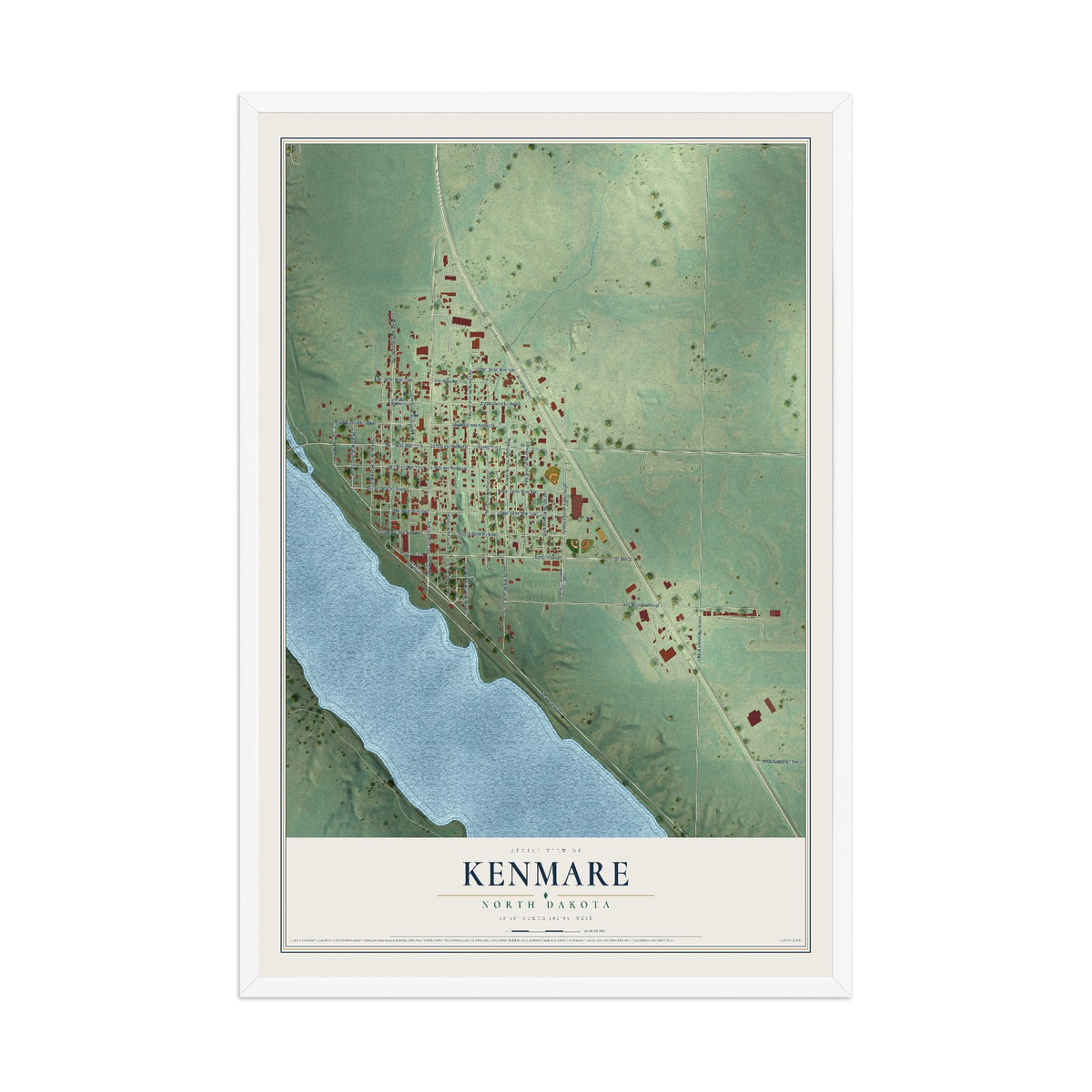 Map of Kenmare, North Dakota, 12 x 18 inch print in a white wood frame