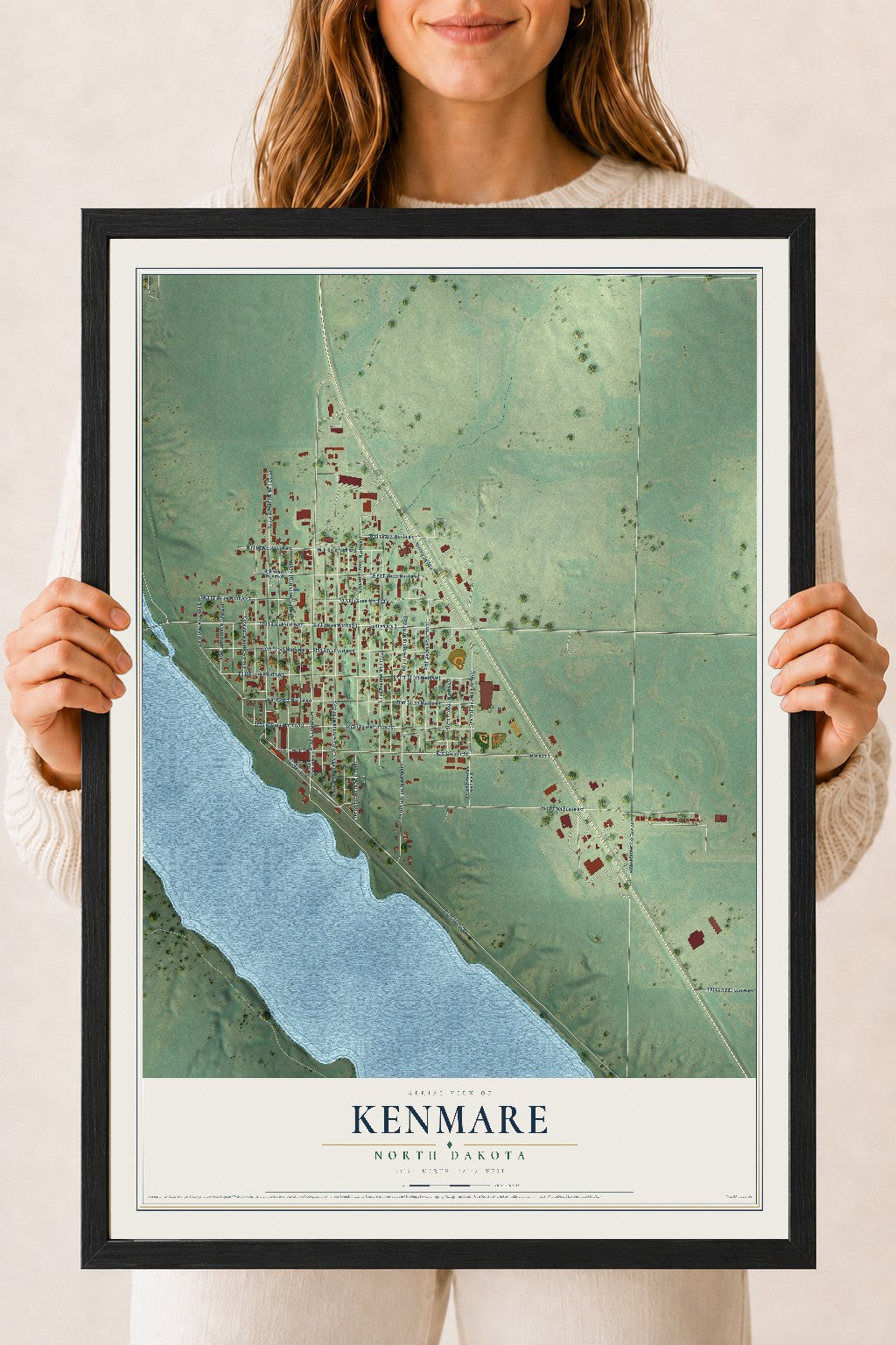 Map of Kenmare, North Dakota, 18 x 24 inch print in a black wood frame